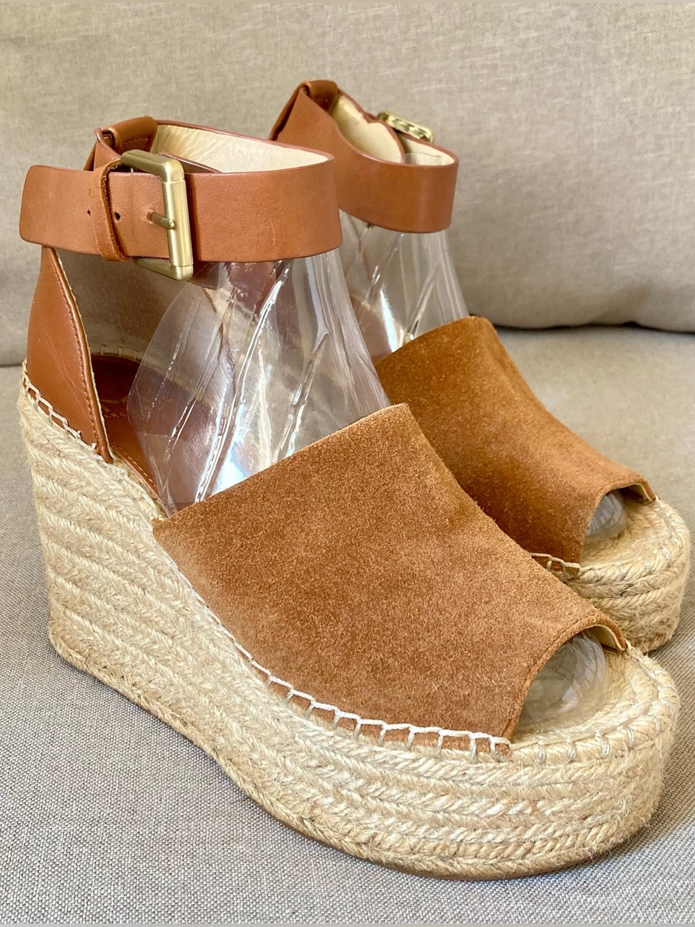 Marc Fisher LTD Adalyn Cognac Suede Leather Espadrille Platform Wedge Sandal 7.5 - Picture 2 of 10